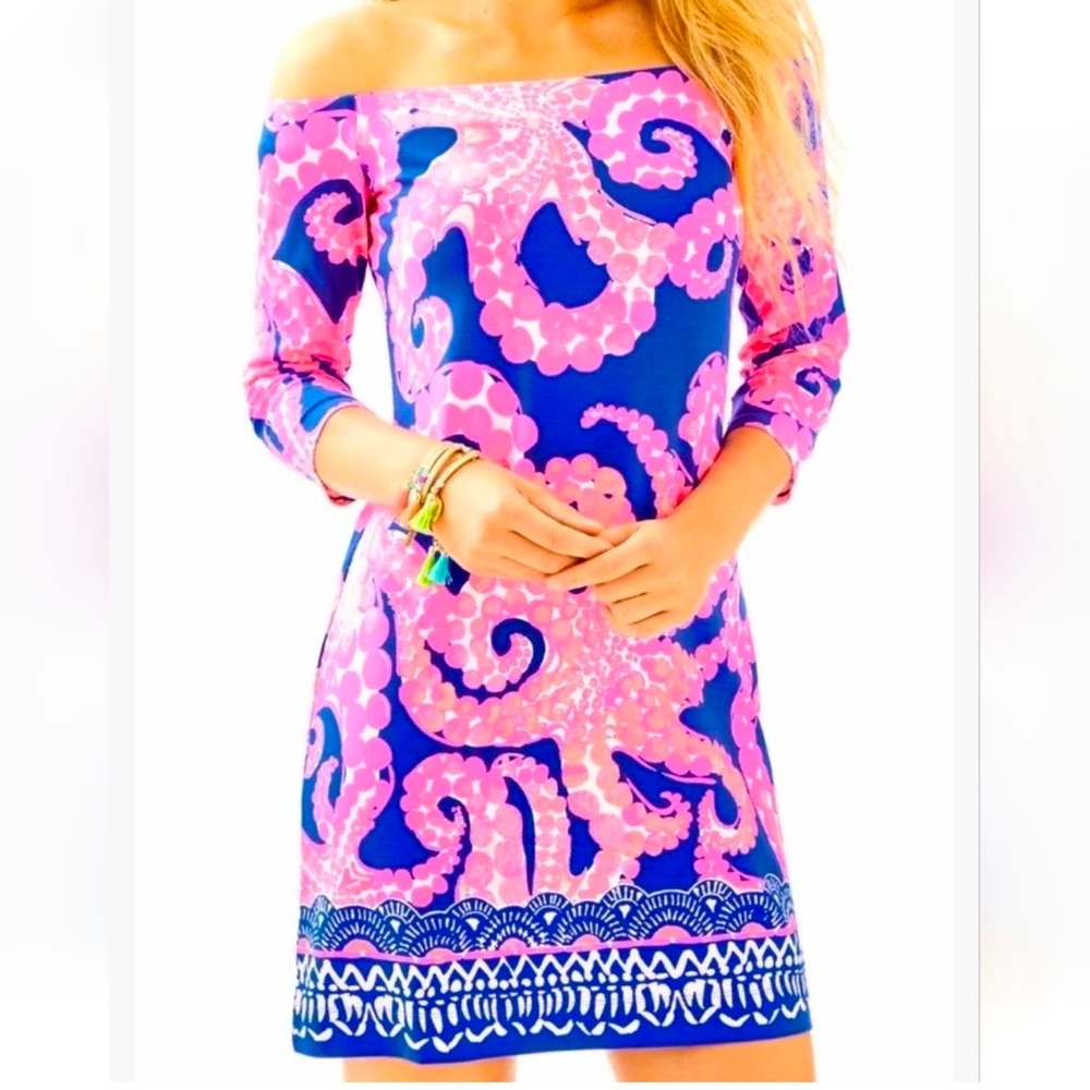 Lilly Pulitzer Pink and Blue Off-Shoulder Octopus Print Dress